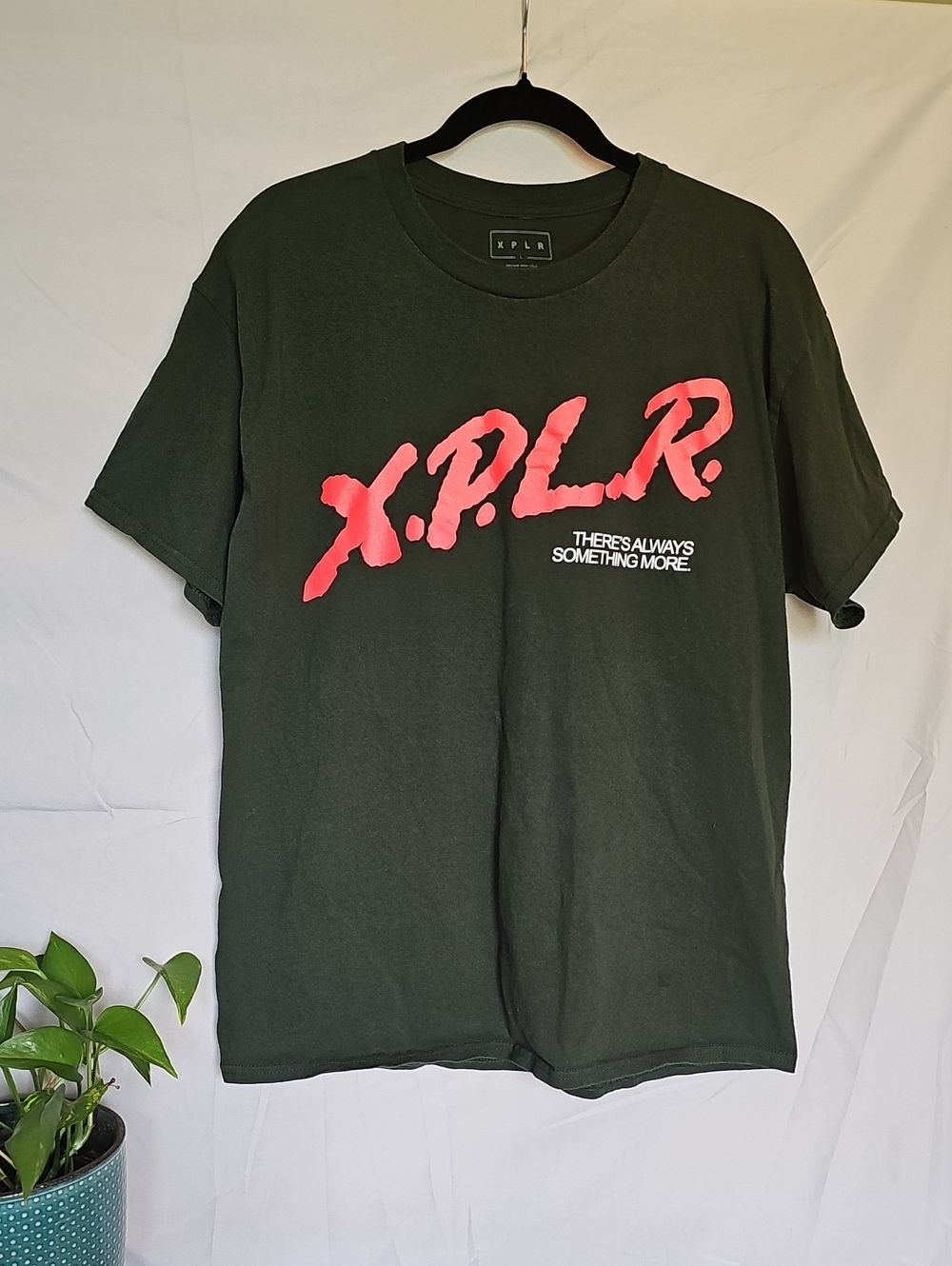 Men's Graphic Tee in Dark Green with Pink Logo